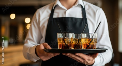 Waiter in apron holding a black serving tray with cold drinks in a busy restaurant