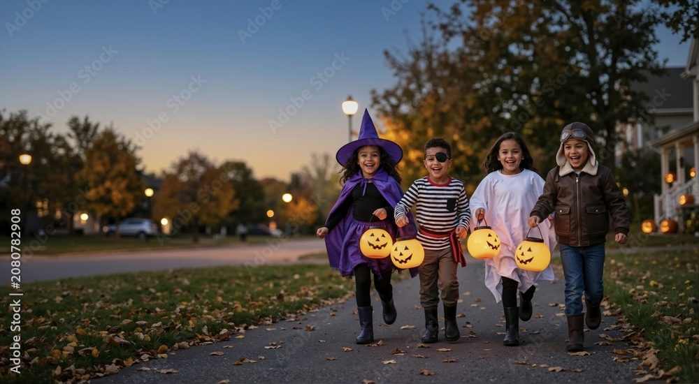 Obraz premium Diverse children in Halloween costumes running with glowing pumpkin lanterns. Kids dressed as witch pirate ghost and aviator trick or treating at twilight. Autumn suburban neighborhood celebration