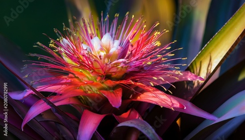 closeup of the colourful flowering billbergia nutans or queen s tears a bromeliad native to south america