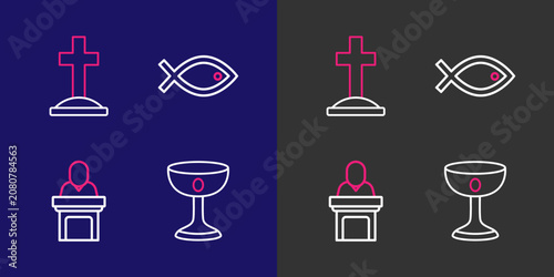 Fotografía Set line Christian chalice, Church pastor preaching, fish symbol and Grave with cross icon