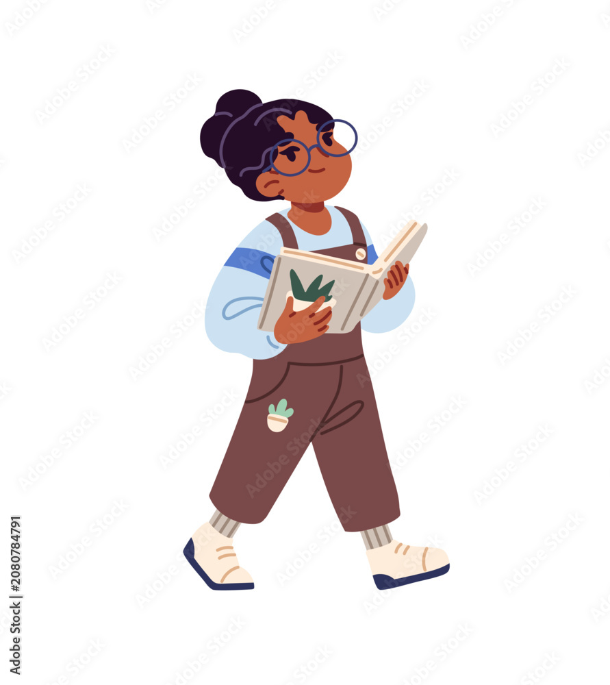 Obraz premium Cute little girl goes with paper book in hands. Happy student reads educational literature. Black child in glasses holds school textbook for learning. Flat isolated vector illustration on white