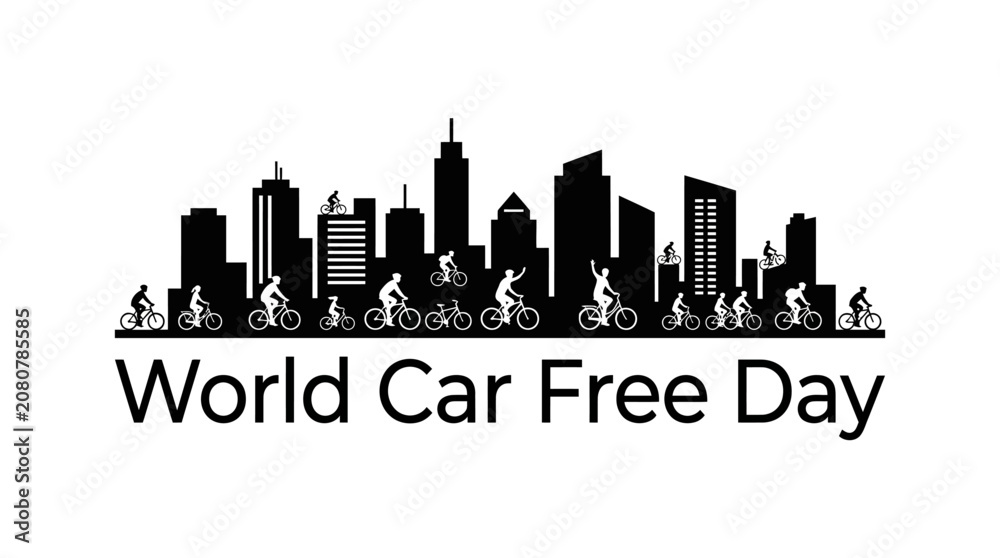 Obraz premium World Car Free Day Graphic with City Skyline and Cyclists