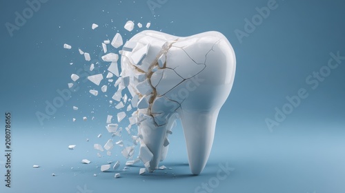 Cracked and shattering white molar tooth with debris on blue background, 3D render