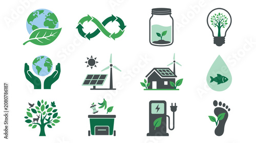 Foto Eco Sustainability Icon Set with Globe, Recycling Arrows, Solar Panels, Wind Tur