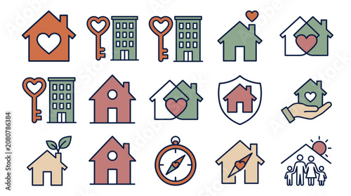 Bilde på lerret House Icons with Hearts and Keys, Family Home Concept Vector Set with Colorful O