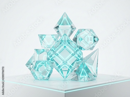 Futuristic Glowing Cyan Geometric Crystals and Translucent Glass Prisms on White Platform 3D Render