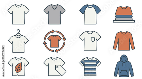 Photos Tshirt Icon Set with Flat Vector Clothing Designs, Featuring Necklines, Sleeves,