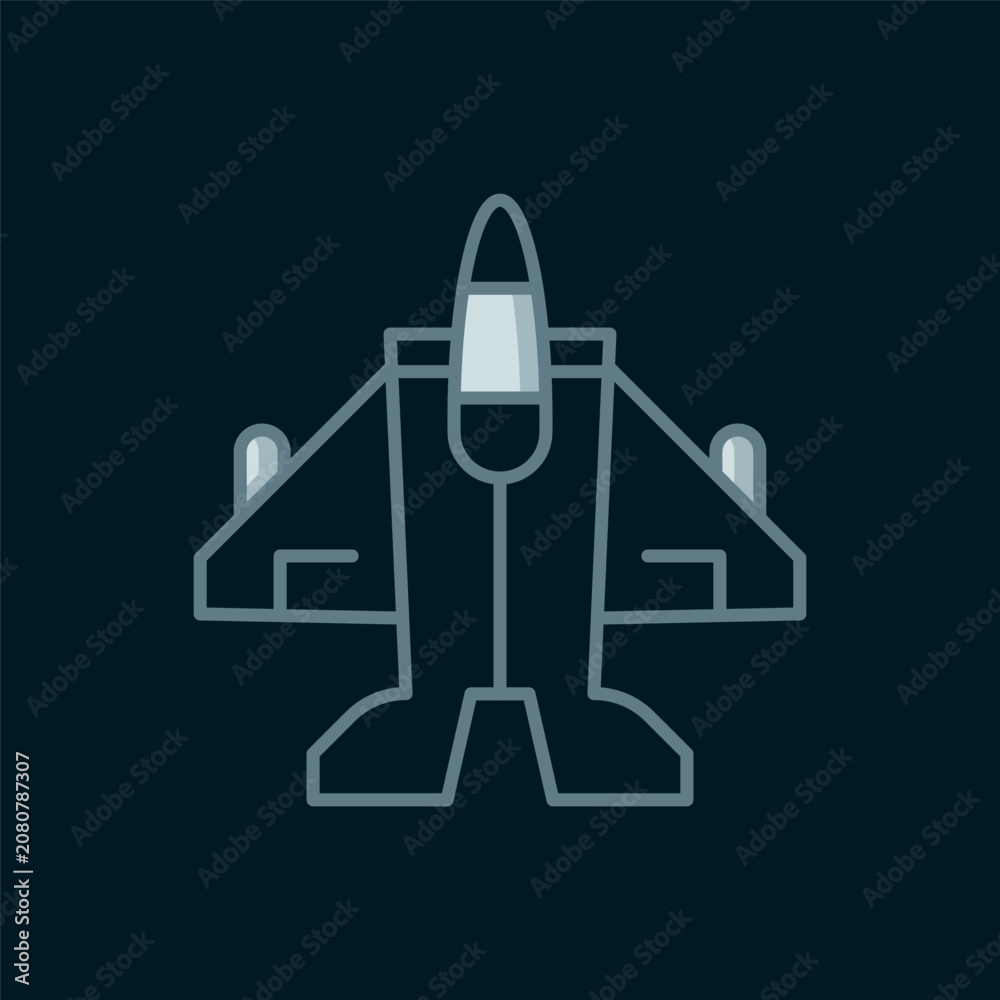 Fototapeta premium Line Jet fighter icon isolated on black background. Military aircraft. Flat filled outline style with shadow. Vector