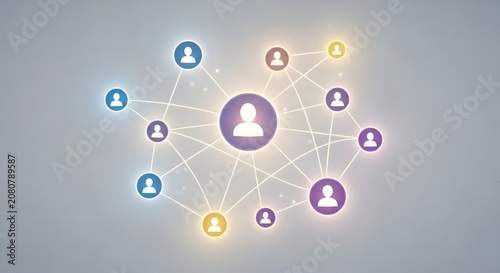 Abstract social and data network connection. Colorful circles with people icons linked by lines on a light gray background.