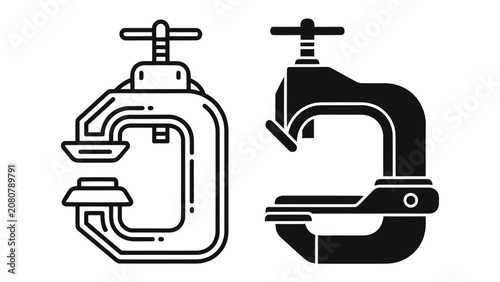 Fotografie C-Clamp Icon Set: Two stylized C-clamp illustrations, one in outline and one in solid black, represent adjustable tools for clamping and holding objects