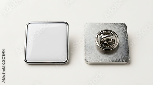 Two square metal pins one front one back badge silver 1