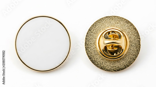 Two blank round lapel pins with gold trim and backing