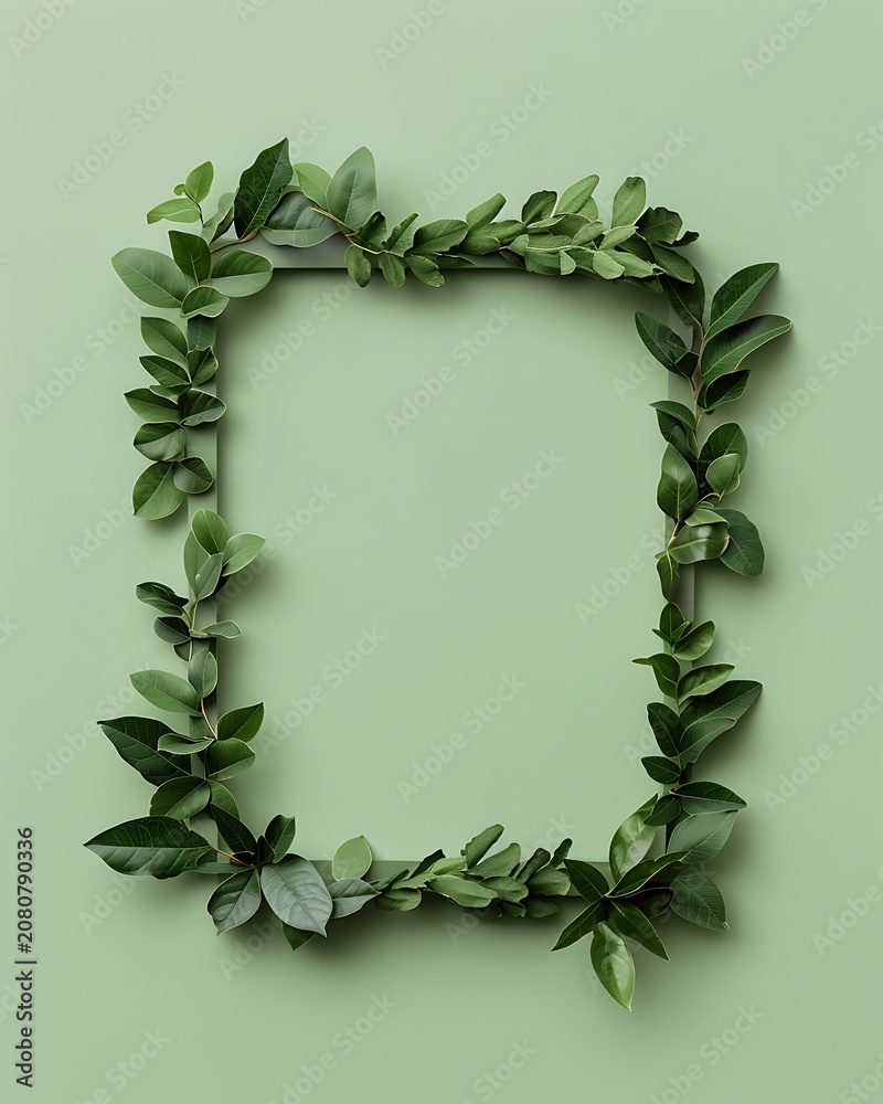 Fototapeta premium Green leafy vine frame with white center, flat lay