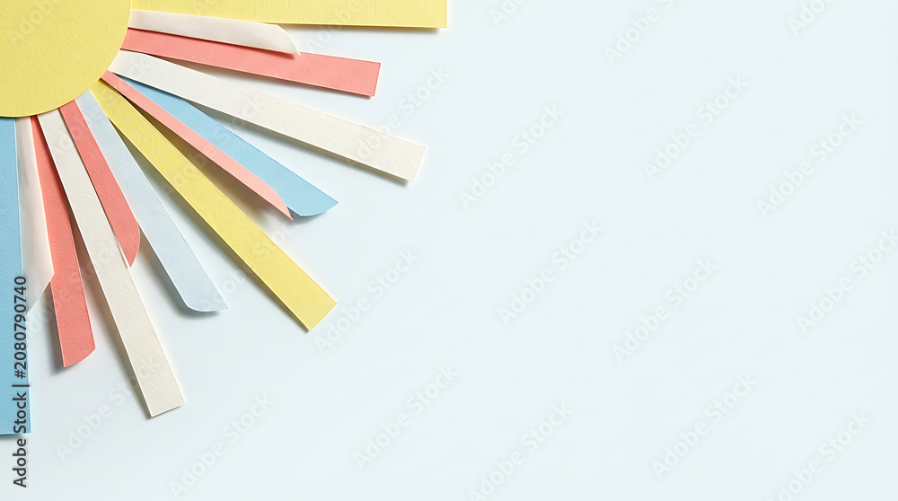 Obraz premium Abstract sunburst pattern made of colorful paper strips on a light blue background