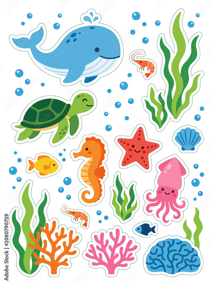 Naklejka premium Colorful underwater scene with various sea creatures swimming near coral and seaweed.