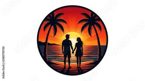 Romantic sunset silhouette couple holding hands on tropical beach within circular frame