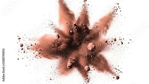 Realistic brown powder explosion isolated on white background. Dynamic dust burst with natural earthy tones, ideal for cosmetic advertising, creative artwork, abstract backgrounds, product promotions,