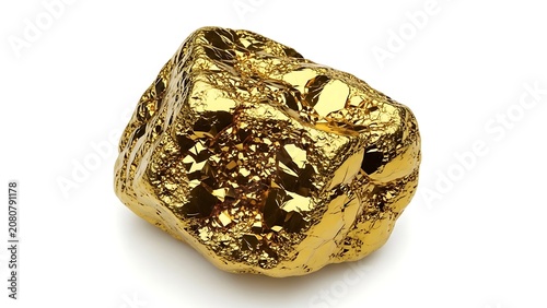 Realistic raw gold nugget with natural shadow isolated on white background. Perfect for mining industry, geology studies, precious metal investment, luxury branding, treasure concepts, and educational