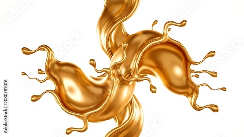 Luxury golden liquid splash isolated on white background. Dynamic metallic fluid wave perfect for cosmetic branding, premium packaging, beauty products, abstract backgrounds, advertising, and creative