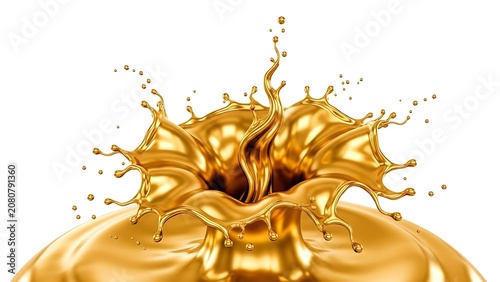 Premium golden liquid splash crown isolated on white background. Elegant metallic fluid explosion perfect for luxury branding, cosmetic advertising, beverage promotions, abstract artwork, premium pack