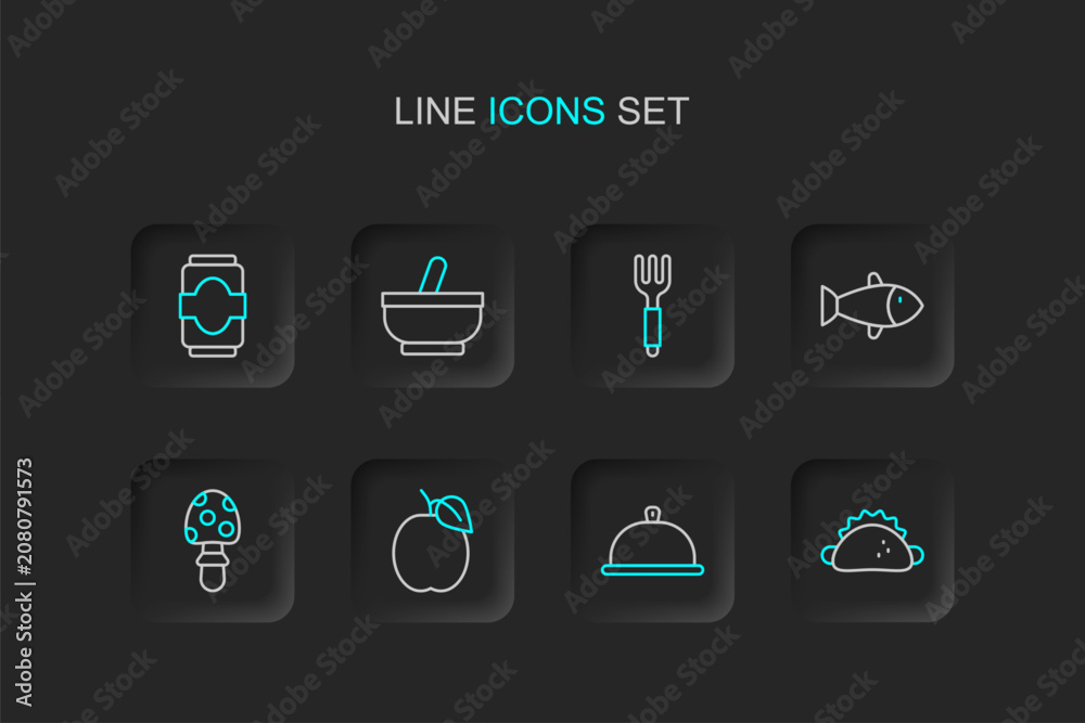 Naklejka premium Set line Taco with tortilla, Covered tray of food, Plum fruit, Fly agaric mushroom, Fish, Fork, Mortar and pestle and Soda can icon. Vector