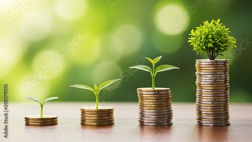 Business and financial growth concept with stacked coins and growing green plant. Ideal for investment, savings, banking, wealth management, sustainable finance, and economic success presentations.