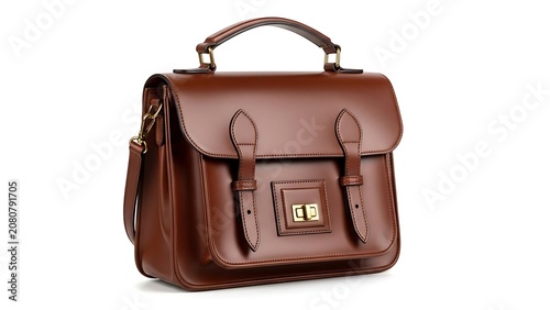 A professional look at a vintage-style brown leather messenger or satchel bag with metallic buckles and top handle. Great for office fashion, academic styles, corporate branding, and product catalogs.