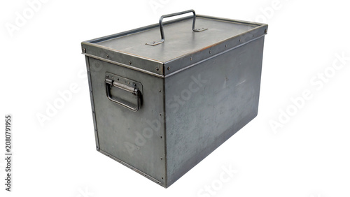 Foto Heavy industrial metallic zinc plated storage box trunk with handles isolated on