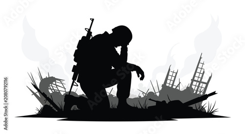Obraz na plátně Soldier Kneeling Amidst Ruins Black Silhouette Vector Illustration military man