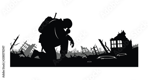 Tableau sur toile Soldier with backpack amidst rubble black vector silhouette military ruins
