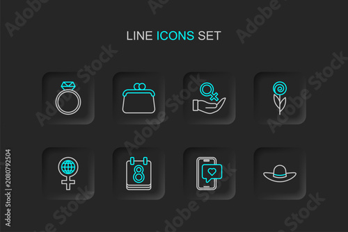 Photos Set line Elegant women hat, Mobile with heart, Calendar 8 March, International Women Day, Flower, Female gender symbol, Handbag and Diamond engagement ring icon