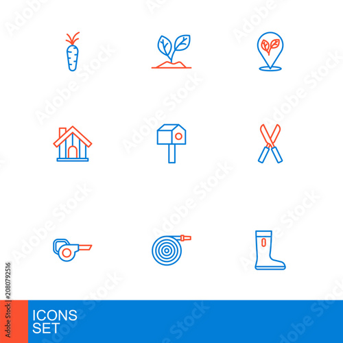 фотографія Set line Waterproof rubber boot, Garden hose, Leaf garden blower, Gardening scissors, Farm house, Bird, Location with leaf and Sprout icon