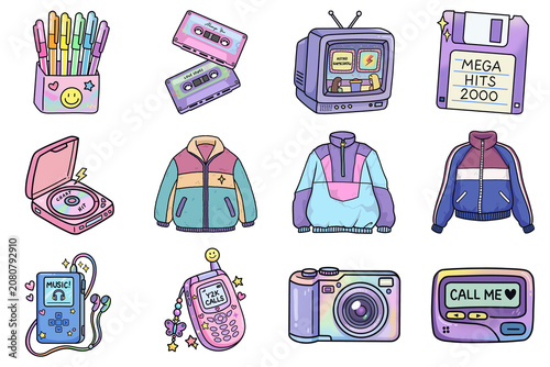 Obraz na płótnie Retro Y2K nostalgic lifestyle elements and electronic gadgets sticker set