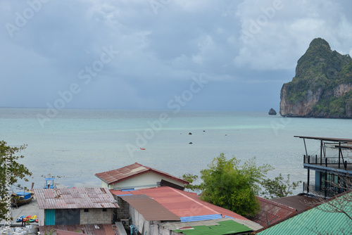 Phi Phi Islands, Thailand – May 18, 2026: Elevated view of Ton Sai Bay with seaside buildings and limestone cliffs on Ko Phi Phi Don