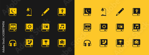 Foto Set Holy bible book, Phone, Book with mathematics, User manual, Pencil eraser, of Koran and Table lamp icon