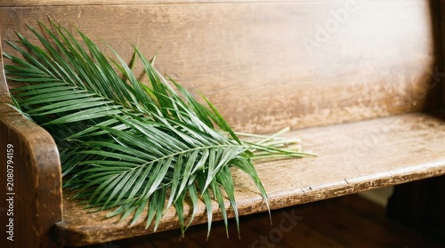 Palm Branch on Wooden Pew: A solemn palm frond rests upon a rustic wooden church pew, evoking themes of religious observance and contemplation.