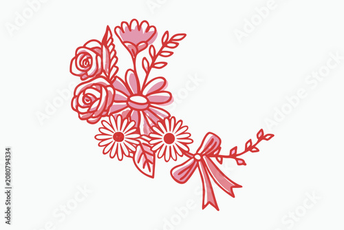 Pink floral ornament with roses and daisies line art style