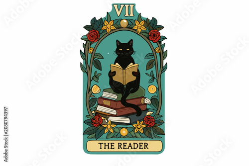 Tarot card illustration with black cat reading books and floral ornament