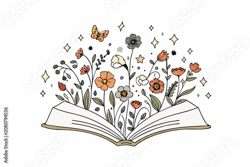 Open book with floral arrangement and butterfly whimsical vector illustration