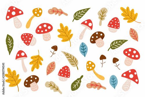 Mushrooms Leaves And Acorns Textured Vector Illustration On White Background