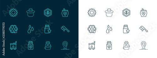 Foto Set line Jar of honey and dipper stick, Drops, Bee honeycomb, Flower and Beekeeper with protect hat icon