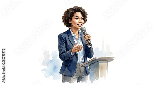 Professional businesswoman giving a speech at a podium with a microphone in a watercolor illustration style for corporate events