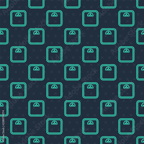 Green line Bathroom scales icon isolated seamless pattern on blue background. Weight measure Equipment. Weight Scale fitness sport concept. Vector