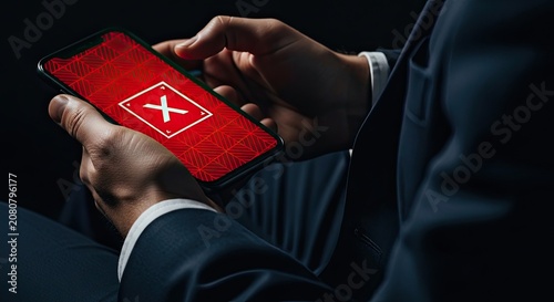 Man holding smartphone displaying red 'x' icon financial technology concept