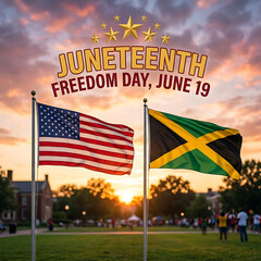 American and jamaican flags waving together in a patriotic sunset scene