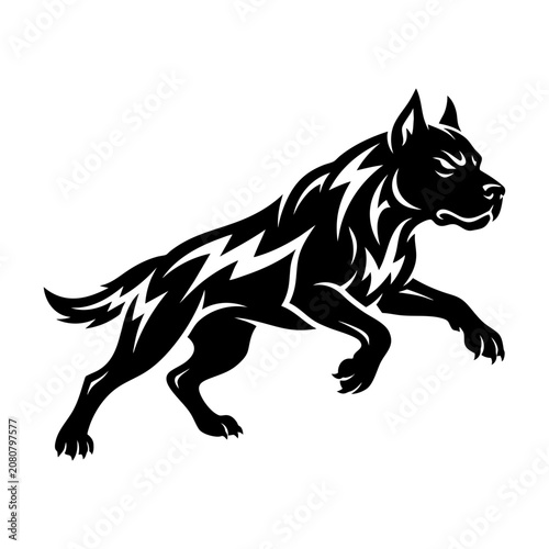 Obraz na płótnie A black wolf runs swiftly through a dark landscape with lightning