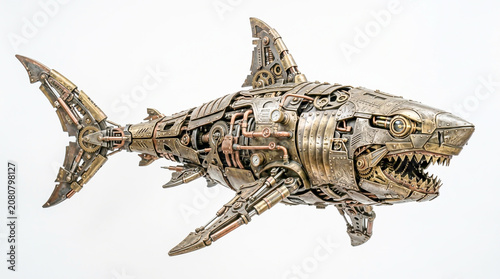Mechanical shark robot made of metal gears and chrome parts