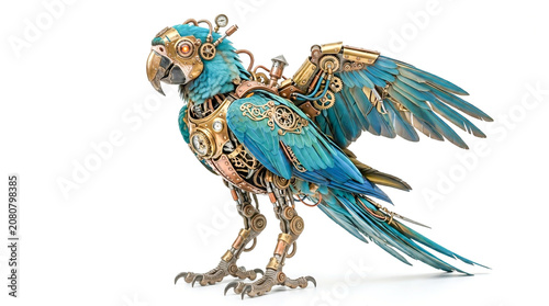 Steampunk mechanical parrot bird with metal gears and wings