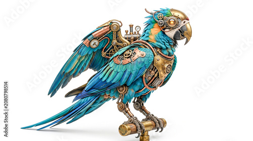 Steampunk mechanical parrot bird with metal gears and parts
