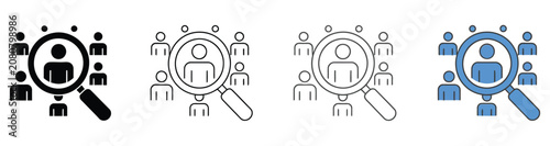 Recruitment icon set featuring magnifying glass searching people, human resources, talent acquisition, employee selection, candidate search, and hiring process symbols, vector, designs